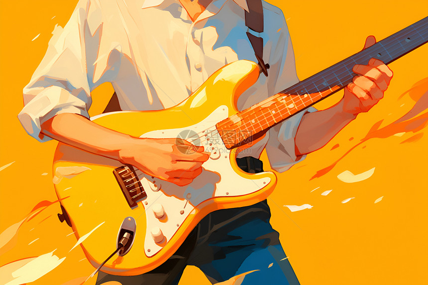 弹吉他的男人在黄色背景中图片