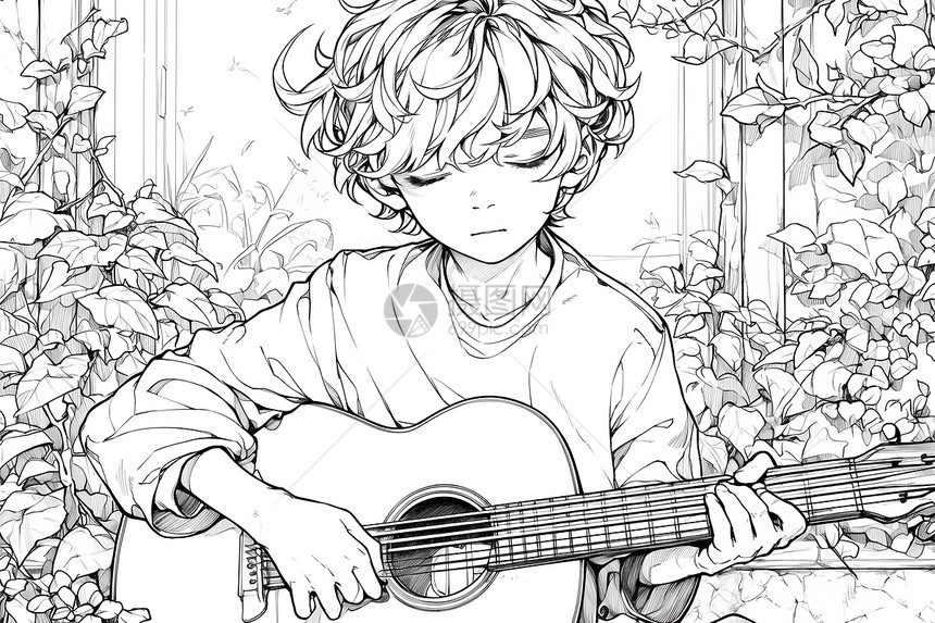 窗前弹奏吉他的小男孩图片