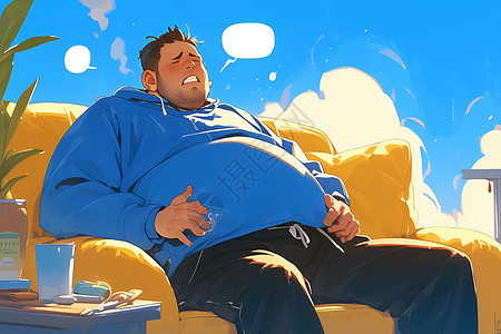 男人摸着肚子坐在沙发上高清图片