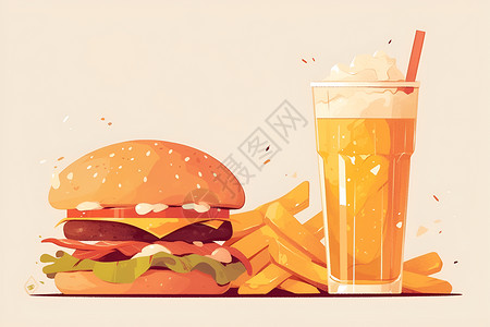 美食白底白底上的汉堡和饮料插画