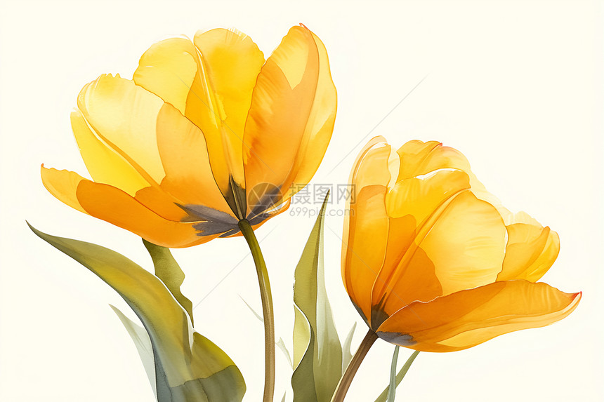 柔和水彩插图中的两朵郁金香图片