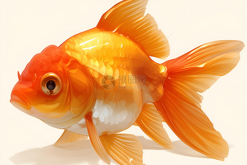 一只金鱼在纯白背景上图片