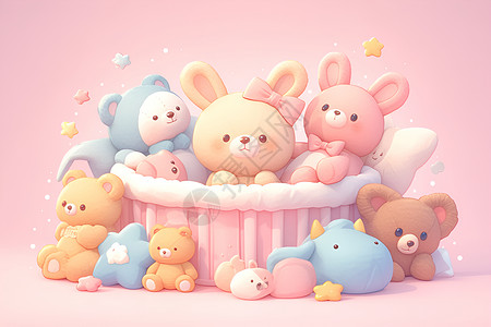 婴儿床卡通粉色篮子里的玩偶插画