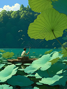 江中小船荷塘绿叶里的小船插画