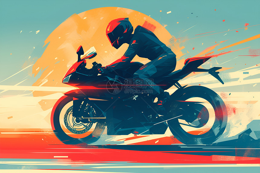 夕阳下男子骑摩托车图片