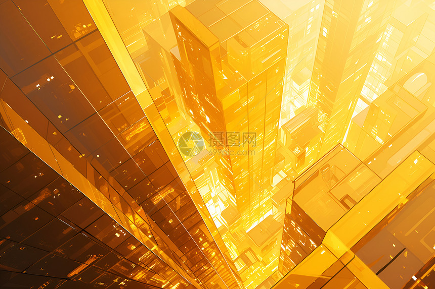 夕阳金光里的摩天大楼图片