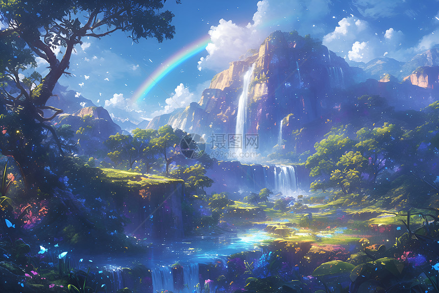 彩虹下的瀑布图片