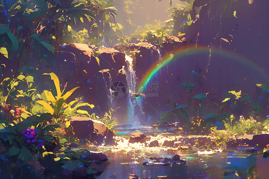 奇幻彩虹瀑布图片