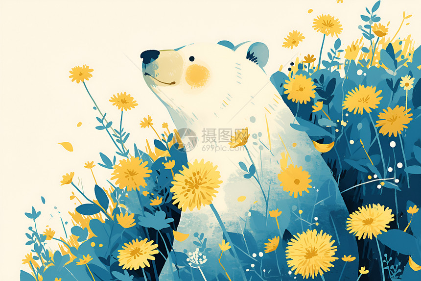 鲜花环绕的白熊图片