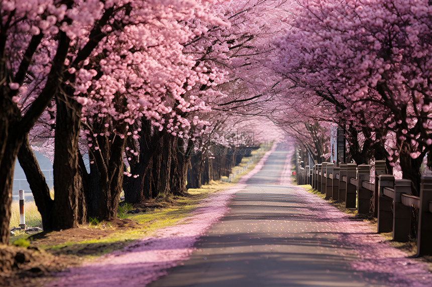 种满樱花树的道路图片