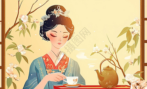 女人品茶品茶的精致女人插画