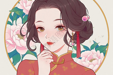 粉色旗袍花环中的旗袍女人插画