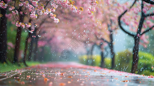 粉色扁平风大树粉色花朵和雨天背景
