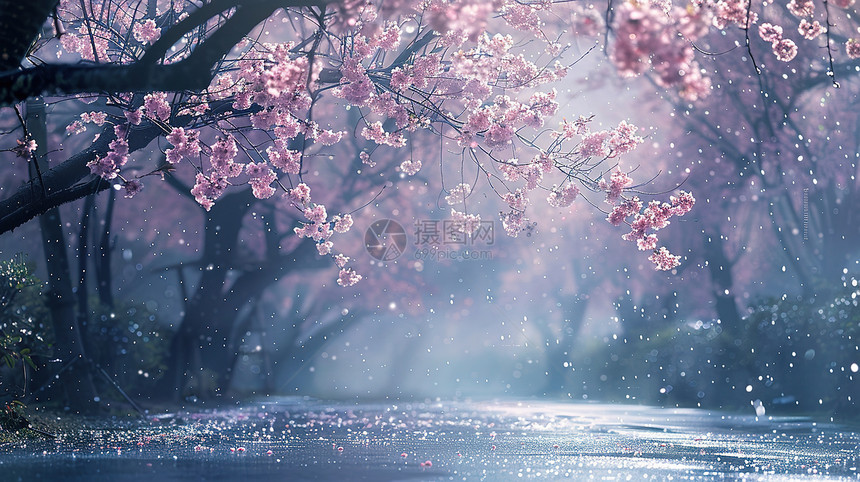 粉色花朵点缀的河流图片