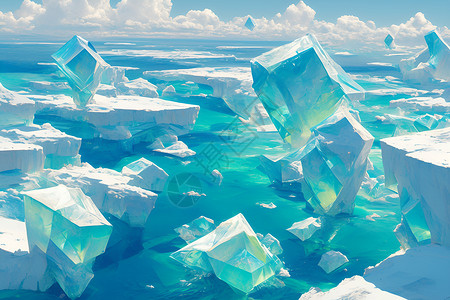 鲑鱼冰川冰山漂浮于水中插画