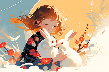 双十二庆典少女与两只兔子插画