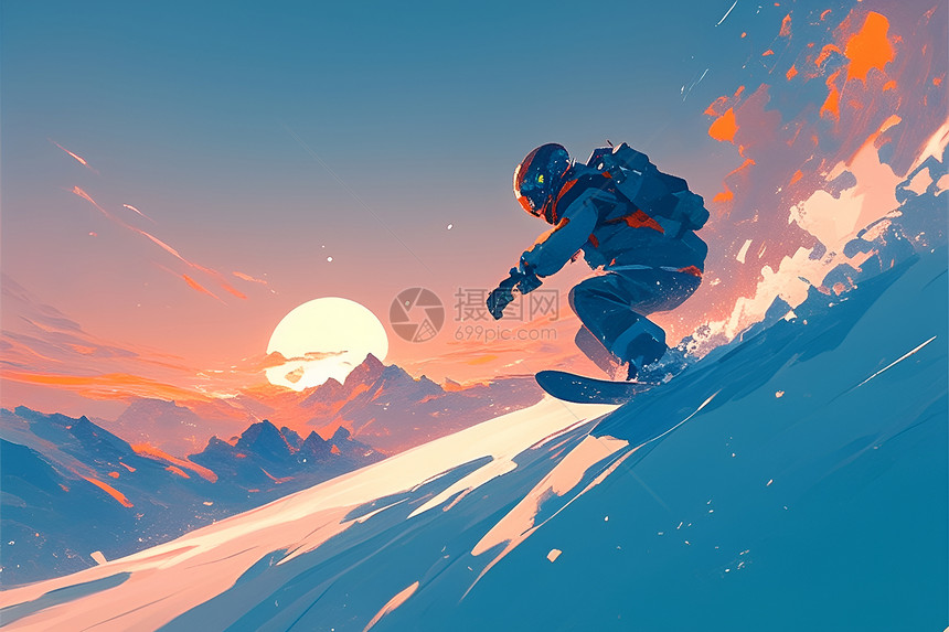 夕阳下的滑雪男子图片