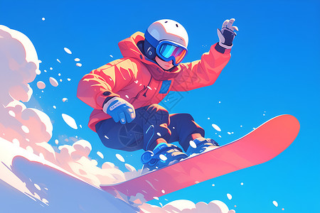 雪花冬天滑雪板飞上天空插画