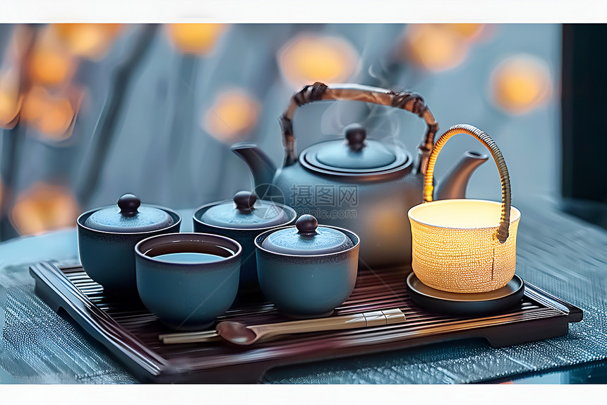 桌上的茶壶和茶具图片