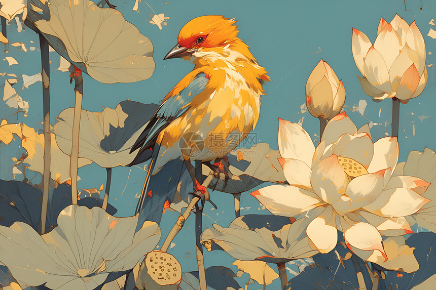红头黄鸟与莲花图片