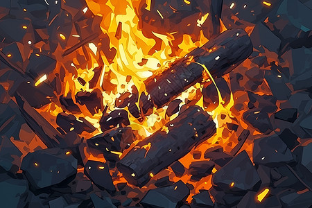 灼热燃烧的煤炭与火焰插画