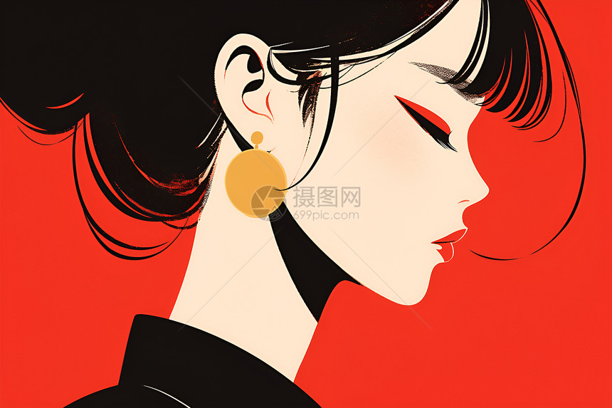 亚洲女孩的红色平面插图图片