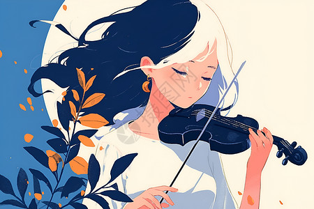 简洁优雅月光下拉小提琴的女孩插画
