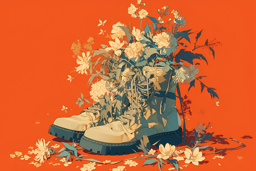 散落的花朵和靴子图片