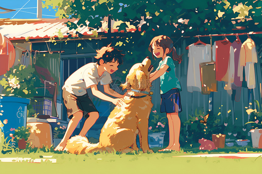 草地上和狗玩耍的孩子图片