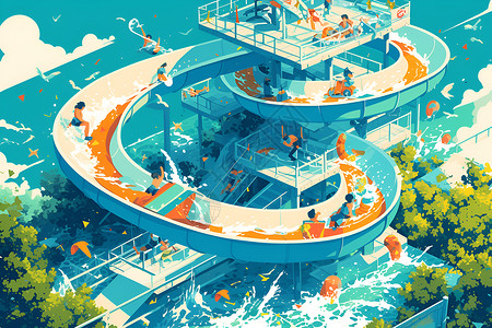水上游乐场水上乐园中的游乐设施插画