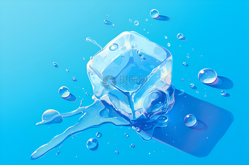 冰块上的水滴在蓝色背景中图片