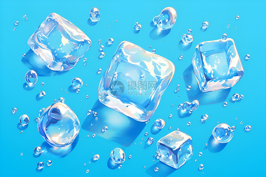 蓝色冰块中的水滴图片