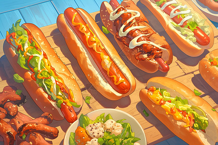 好吃烤肠热狗桌上美味的热狗插画