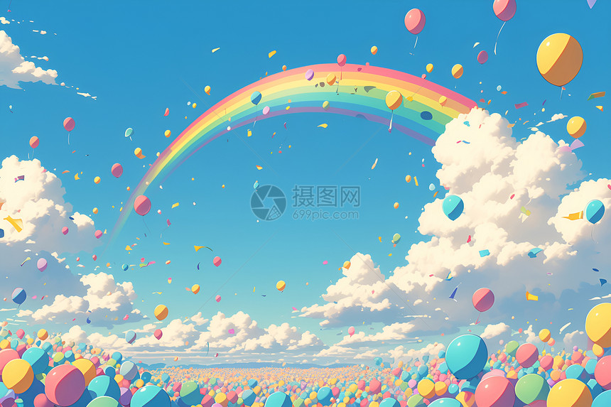 彩虹下的多彩气球图片