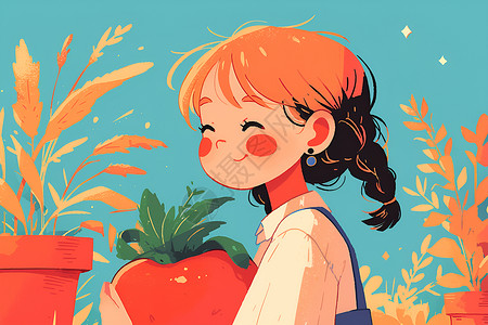 微笑盆栽女孩举着大苹果插画