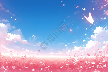 粉红金蝴蝶在花田飞翔插画