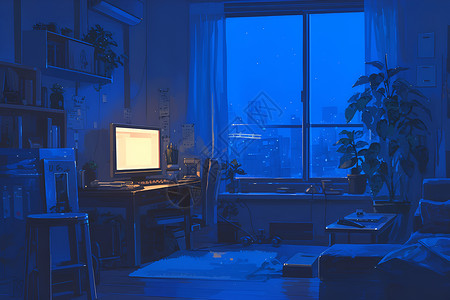 窗户景夜色中的电脑世界插画
