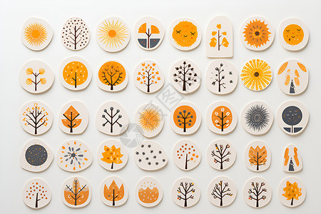 冰箱贴纸素材圆片上的秋天树木插画
