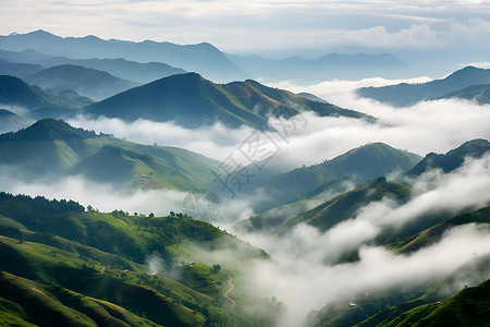 美丽的山谷山脉中的云雾背景