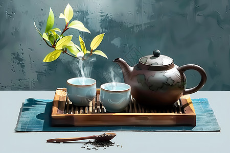 茶壶和杯子杯子中的茶水插画