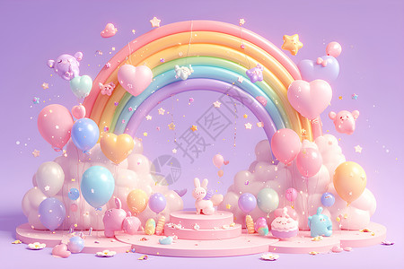 彩虹气球素材梦幻的彩虹舞台插画