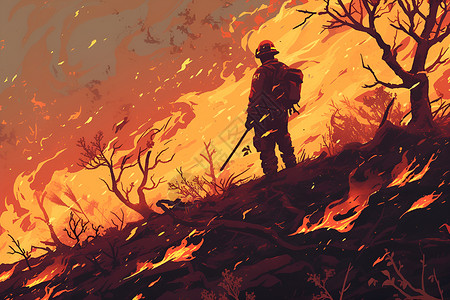 预防森林火灾火灾中的消防员插画