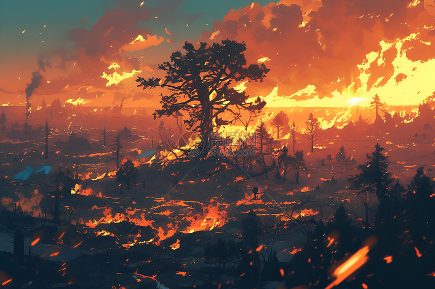 着火的森林插画图片