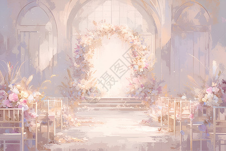 婚礼致辞礼堂内的浪漫花卉插画
