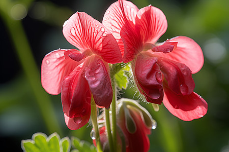 手绘植物天竺葵水滴点缀的红花背景