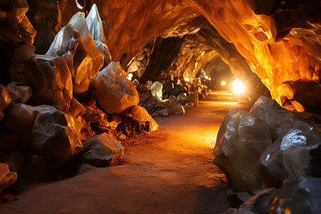 幽深的矿洞灯光隧道高清图片