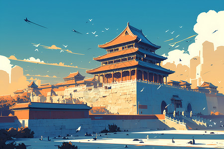 动画城堡蓝天下的建筑插画