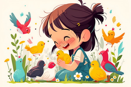 植物围绕女孩可爱的女孩被小鸟围绕插画