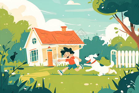 草与男孩男孩与狗在草坪上畅快奔跑插画