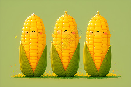 玉米棒上的玉米三颗带表情的玉米棒插画